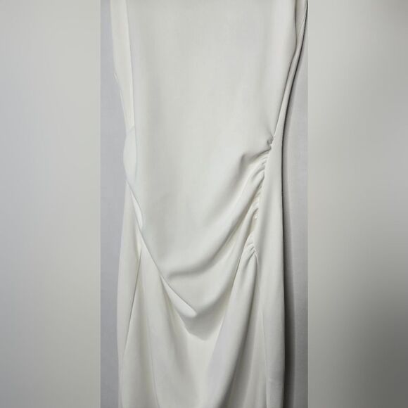 NWT Women's White Zara Padded Shoulder Midi Dress w/ Ruching V Back Size Small - Picture 3 of 10